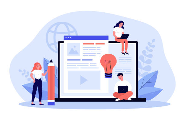 Blog authors writing articles. Freelance writers with laptops creating internet content. Vector illustration for online education, people of creative job, seo marketing concept